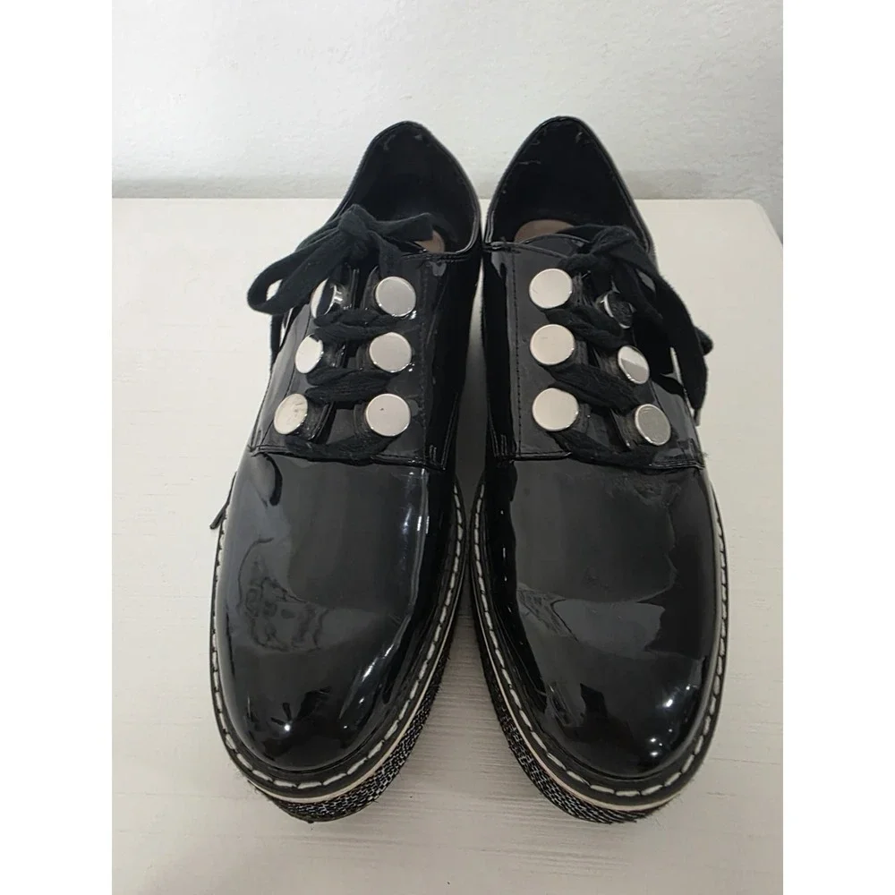 ZARA Black Patent Multi-Stripe Thick Platform Oxford Shoes Size EU 41  USA Size